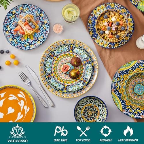 vancasso 24 Pieces Dinnerware Sets, Plates and Bowls Set, Porcelain Dishes Set for 6, Microwave and Dishwasher Safe, Scratch Resistant, Bohemian Style Dining Ware Service for 6, Series SIMI - Thumbnail 3