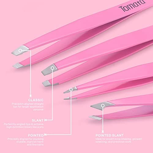 Tomata Tweezers for Eyebrows, Slant Tip and Pointed Eyebrow Tweezer Set Great Precision for Eyebrows Facial Hair, Ingrown Hair, Splinter, Blackhead and Tick Remover (4-piece) (pink) - Thumbnail 2