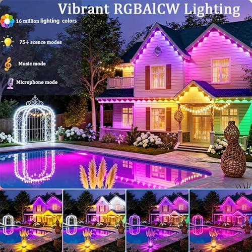 Permanent Outdoor Lights 54ft Smart Outdoor Christmas Lights with RGBCW 36 LED IP67 Waterproof Eaves Lighting with 213 Modes for Halloween Christmas Birthday Holiday Party APP/Remote Control - Thumbnail 5