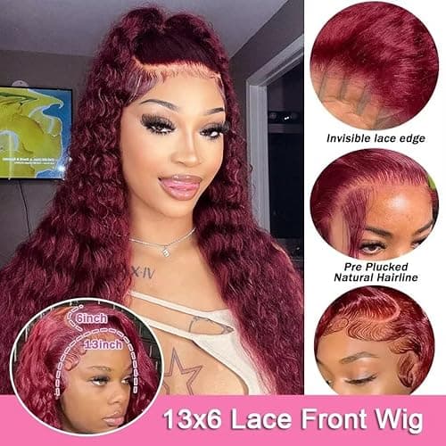 Yeeaak 28inch Burgundy Wig Human Hair 99j Burgundy 13x6 Deep Wave Hd Lace Front Wigs Human Hair 200% Density Wet And Wavy Glueless Wig For Women Wine Red Colored Curly Wig Pre Plucked With Baby Hair - Thumbnail 6