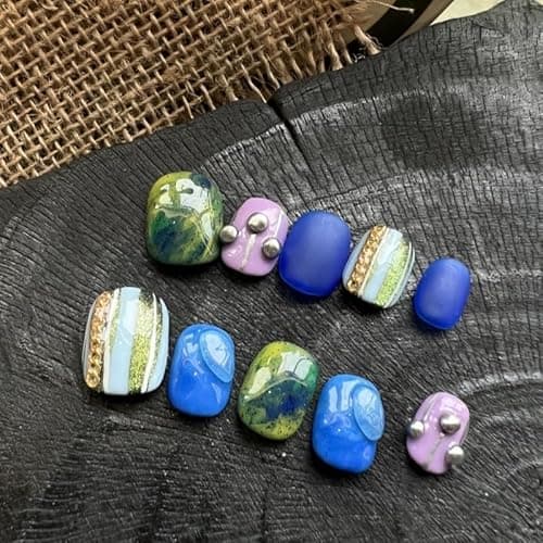 Fine Point Handmade Press-On Nails Set, Short Squoval, Funky Cobalt Blue Aura Green Swirl, 3D Stud Accent, Designer Artistic Novelty Fashion, Pop-Star Showgirl, Cosmic Coquette (Size Large) - Thumbnail 4