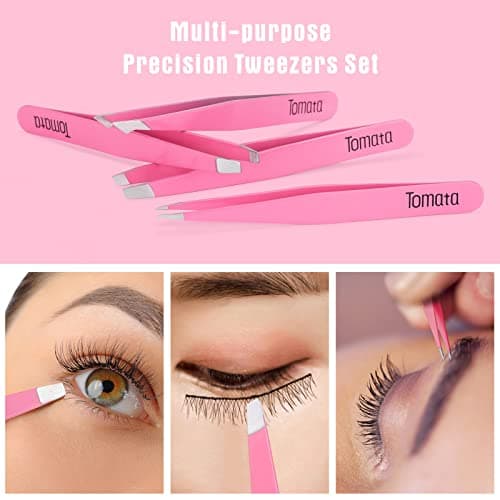 Tomata Tweezers for Eyebrows, Slant Tip and Pointed Eyebrow Tweezer Set Great Precision for Eyebrows Facial Hair, Ingrown Hair, Splinter, Blackhead and Tick Remover (4-piece) (pink) - Thumbnail 3