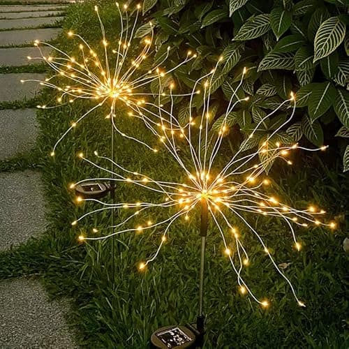 HFLYJPYW Solar Firework Lights 2Pcs Garden Lights Outdoor Waterproof, 120 LED with 8 Modes Twinkling and Steady-On, Festive daysStarburst Lights for Path, Patio, Yard (Warm White) - Image 1