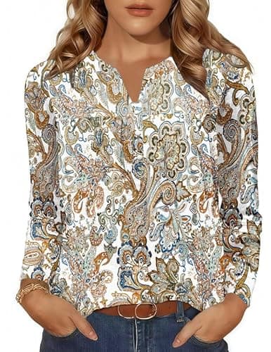 Misakia Long Sleeve Shirts for Women Henley V Neck Tops Fashion Pleated Dressy Blouses Fall Trendy Tunic 2025 Colorful Floral 2 M - Image 1