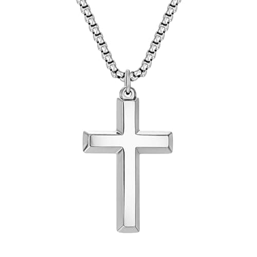 VIPV Cross Necklace for Men Silver Gold Black Stainless Steel Beveled Edge Cross Chain Pendant Christian Necklace for Men Crucifix Pendant Box Chain Length 22-24 Inch - Image 1
