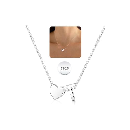 Turandoss Heart Initial Necklaces for Girls Trendy, S925 Sterling Silver Dainty Letter T Heart Necklace Tiny Silver Initial Necklaces Birthday Gifts for Girls Jewelry - Image 1