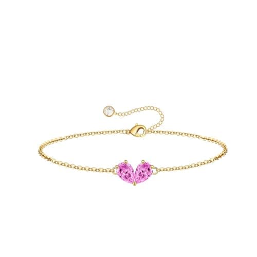 Turandoss Double October Pear Birthstone Bracelets- Created Pink Sapphire Pear Cut Bracelet, 14K Dainty Gold Plated Bracelets for Women, Birthstone Bracelet for Women Jewelry Gifts - Image 1