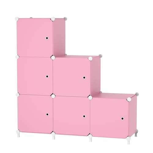 ATTDETJL Cube Storage Organizer, 6-Cube Shelves Unit with Doors, DIY Stackable Plastic Clothes Organizer for Bedroom and Under Stairs Storage Unit, Each Compartment 30 x 30 x 30 cm Pink ATTSL6006 - Image 1