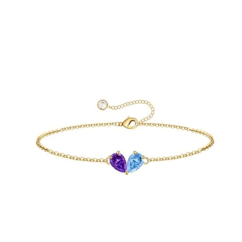 Turandoss February March Birthstone Bracelet for Women - Created Amethyst, Aquamarine Bracelet Pear Birthstone Bracelets for Women, 14K Dainty Gold Plated Bracelets for Women Girls Jewelry Gifts - Image 1