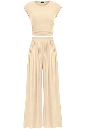 PRETTYGARDEN Women's Summer 2 Piece Outfits 2026 Cap Sleeve Ruched Slim T Shirt Ribbed Knit Wide Leg Pant Sets Tracksuit(Apricot,Medium) - Image 1