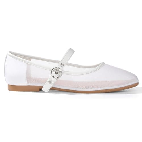 ATHMILE Women's White Mesh Flats for Women Mary Janes Shoes Women Square Toe Ballet Flats with Adjustable Strap, Slip-On Comfortable Casual Dress Shoes for Office, Date Night and Daily Wear Size 9.5 - Image 1