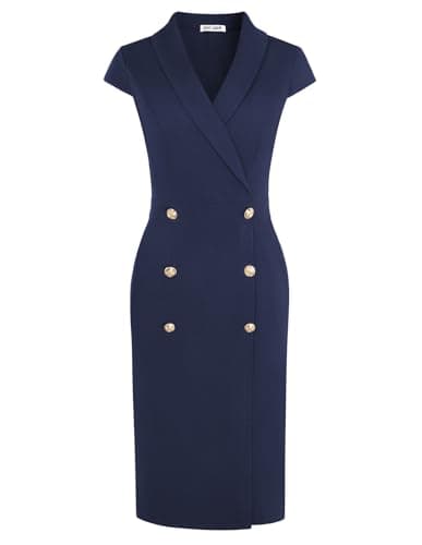 GRACE KARIN Women Work Bodycon Dresses 2025,Business Office Midi Cap Sleeve Button Pencil Formal Outfits with Pockets Navy Blue 6 - Image 1