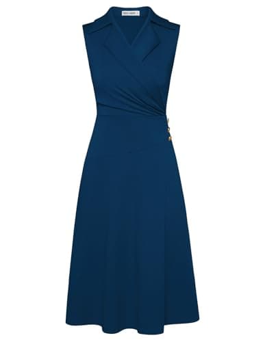GRACE KARIN Sleeveless Business Work Dress for Women V Neck Notch Lapel Ruched Wrap V Neck Ruched Wrap V Neck Midi Dress Blue Green L - Image 1