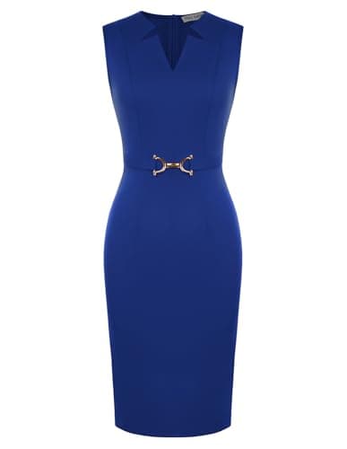 GRACE KARIN Work Dresses for Women 2026,V Neck Business Office Bodyon Dress,Sleeveless Pencil Semi Formal Midi Dress Roral Blue M - Image 1
