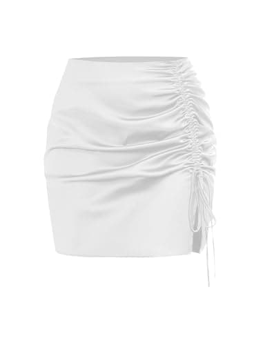 ZAFUL Women Satin Mini Skirts Sexy High Waisted Ruched Silk Bodycon Split Zipper Short Skirt (White,L) - Image 1