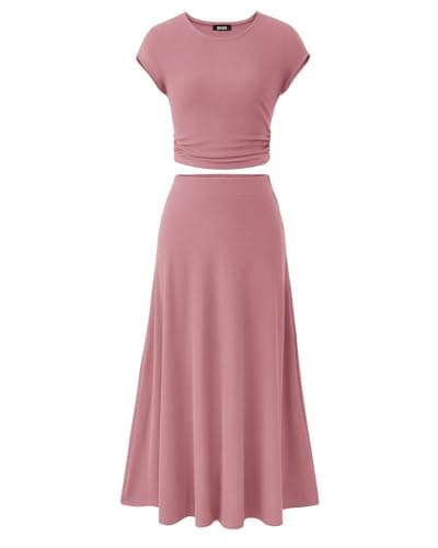 BTFBM Summer Outfits For Women 2026 Two Piece Sets Casual Crew Neck Short Sleeve Cropped Spring Tops Midi Skirt Lounge Set(Dusty Pink, Large) - Image 1