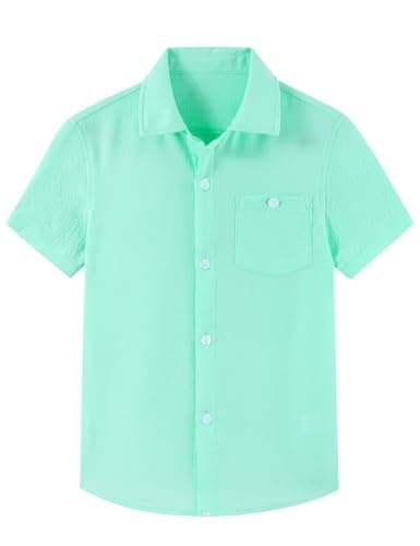 Cozople Boys Button Down Shirt Short Sleeve Kids Green Solid Color Shirts with Curved Hem Hawaiian Breathable Top Casual Vacation - Image 1