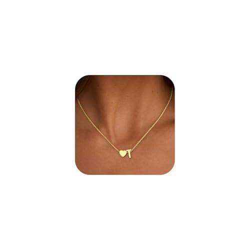 Treasure Bender Gold Initial Necklaces for Women Girls - 18K Gold Plated Heart Initial T Necklace Dainty Name Necklace 5 6 7 8 9 10 11 12 Year Old Girl Birthday Gifts - Image 1