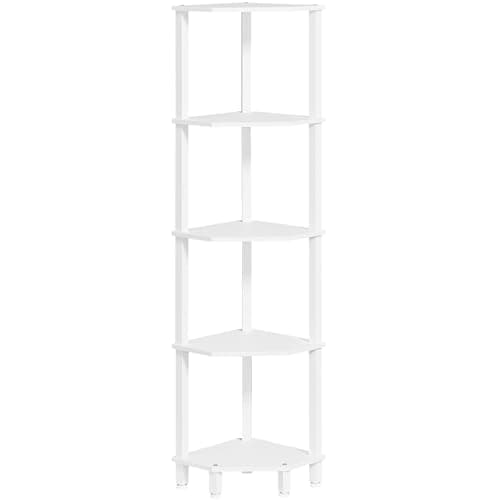 YUFAM 5-Tier Corner Shelf with Sturdy 5-Leg Base, 52in Tall Narrow Bookcase for Small Spaces, Wooden Plant Display Shelf, Thin Bookshelf for Living Room, Bedroom, Office, White - Image 1