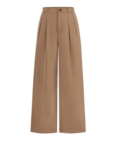 KIRUNDO Wide Leg Dress Pants for Women High Waisted Office Work Trousers Business Casual Slacks Button Flowy Palazzo Pant(Khaki, XX-Large) - Image 1