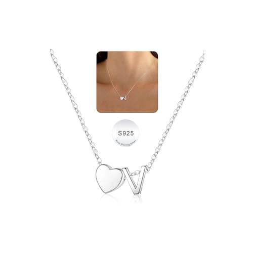 Turandoss Silver Initial Necklaces for Girls Trendy, Tiny Heart Initial V Necklace Dainty Heart Necklaces, Personalized Monogram Name Initial Necklaces for Girls Jewelry - Image 1