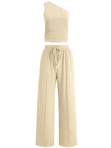 Casly Lamiit 2 Piece Lounge Set for Women Trendy Casual Airport Clothing Off Shoulder Top Wide Leg Pants Matching Beach Travel Outfits Light Beige S - Image 1