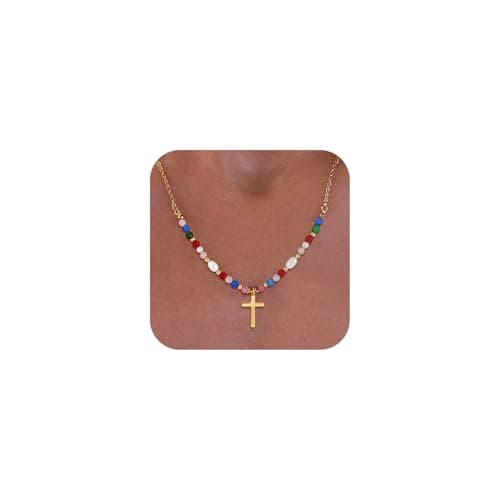 Fezodo Colorful Cross Necklace for Women - 14K Gold Plated Dainty Beaded Cross Necklaces for Women Boho Gold Jewelry Birthday Gifts - Image 1