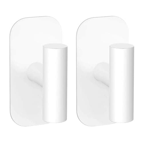 IMUMU Adhesive Towel Hooks for Shower,Waterproof Heavy Duty Bathroom Hooks,Wall Mounted Sticky Hangers for Coats/Aprons/Robes,No Drilling(White,2 Pack) - Image 1