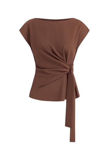 BTFBM Womens Tops Summer 2026 Cap Sleeve Crew Neck Tie Waist Blouses Dressy Casual Business Work Clothes Spring Fashion(Light Brown, Large) - Image 1