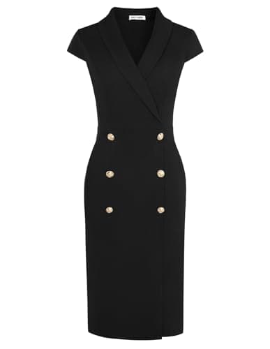 GRACE KARIN Work Dresses for Women 2025 Cap Sleeve Business Formal Midi Bodycon Button Office Church Outfits with Pocket Black 16 - Image 1