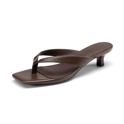 Athlefit Women's Kitten Heels Brown Flip Flops Square Toe Comfortable Low Heels Slip On Summer Heeled Thong Sandals Brown Size 6 - Image 1