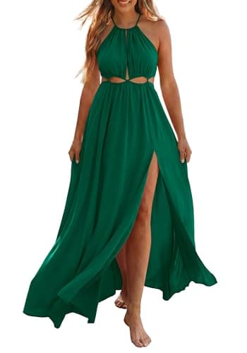 BTFBM Women Halter Summer Dresses 2026 Sleeveless Cutout Backless Sundress Slit Boho Maxi Beach Wedding Guest Dress(Dark Green, Large) - Image 1