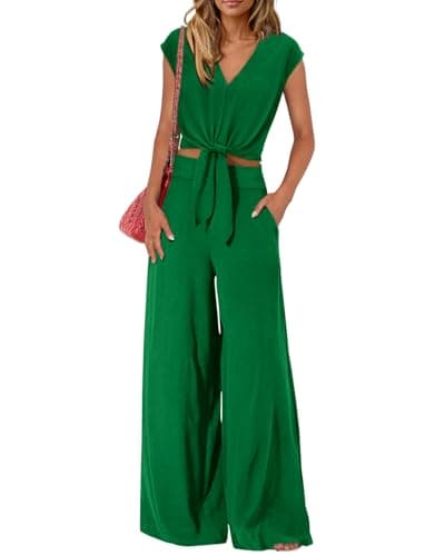 PRETTYGARDEN Women's Summer 2 Piece Outfits 2026 Cap Sleeve V Neck Belted Crop Tops Wide Leg Pant Sets Casual Tracksuit(Solid Green,Large) - Image 1