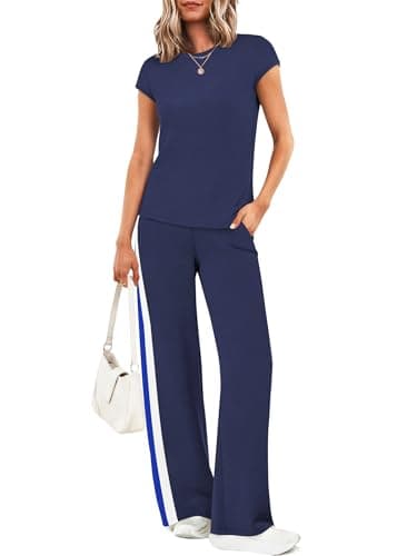 Casly Lamiit Womens 2 Piece Lounge Set 2026 Summer Travel Outfits Casual Tops Wide Leg Jogging Pants Matching Airport Teacher Clothes Navy Blue M - Image 1