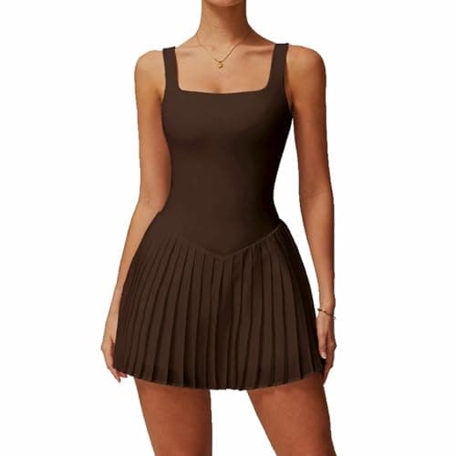 Womens Square Neck Tennis Dress Sleeveless Built in Shorts with Pockets Golf Athletic Dress Chestnut-M - Image 1