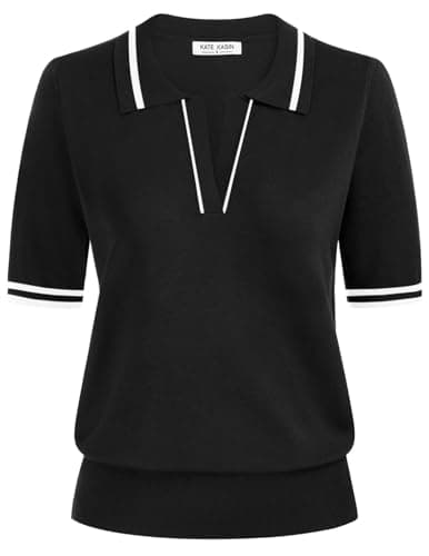 Kate Kasin Short Sleeve Sweaters for Women, V Neck Knit Tops, Business Casual Polo Shirts Black-White L - Image 1