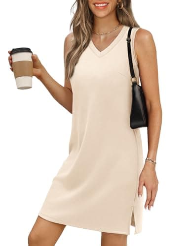 BKRIVE V-Neck Summer Casual Beach Dress for Women 2026 Vacation Women's Sleeveless Sundress with Split Beige - Image 1