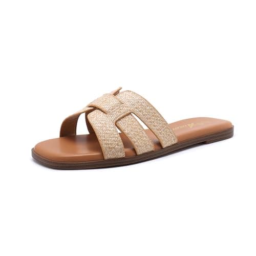 Athlefit Women's Flat Sandals Dressy Summer Square Open Toe Comfortable Slip On Leather Raffia Slide Sandals Size 6 - Image 1