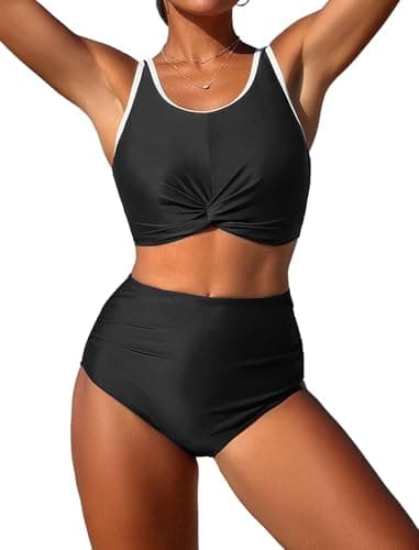 ZAFUL High Waisted Bikini Sets for Women Two Piece Swimsuit Modest Bathing Suit Tummy Control Swim Suit Twist Front Push Up Bikini Top with Full Coverage Bikini Bottom Cute Swimwear 2025 Black S - Image 1