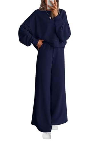 PRETTYGARDEN Women 2 Piece Outfits 2026 Spring Sweatsuits Crewneck Sweatshirt Wide Leg Sweatpants Lounge Sets Tracksuit(Navy Blue,Small) - Image 1