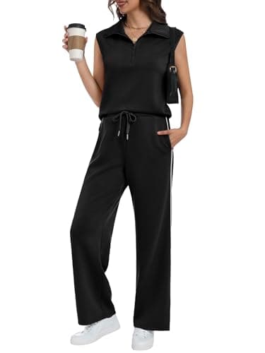 Casly Lamiit 2 Piece Sets for Women Summer Travel Outfits Casua Half Zip Sleeveless Top Striped Wide Leg Pants Matching Airport Clothes Black 2XL - Image 1