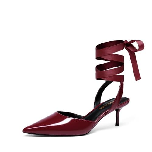 DREAM PAIRS Women's Slingback Lace Up Kitten Low Heel Closed Toe Ankle Strap Heels Pointed Toe Strappy Pumps Shoes Party Wedding Dress Shoes,Size 6,Burgundy,SDPU26018W - Image 1