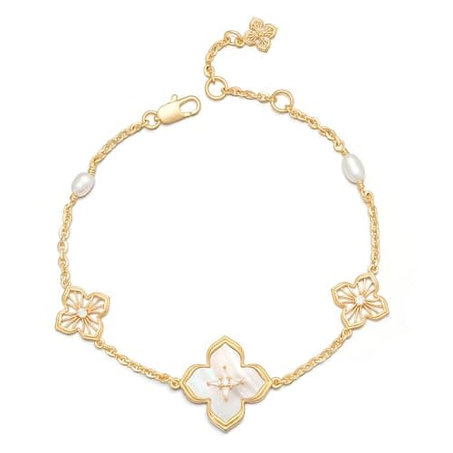 MYEARS Women Bracelet Gold Clover Flower Pearl Bead Sideways Charm White Mother of Pearl Cubic Zirconia 14K Dainty Simple Thick Chain Everyday Trendy Lucky Jewelry - Image 1