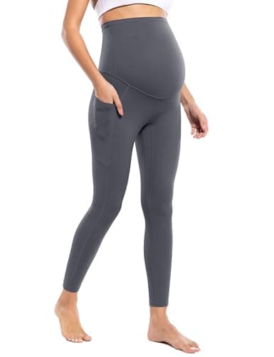 POSHDIVAH Women's Maternity Workout Leggings with Pockets Over The Belly Pregnancy Soft Active Wear Yoga Pants Grey Small - Image 1