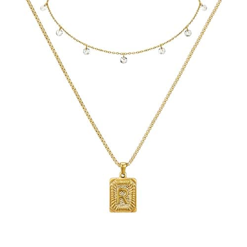 Nododugs Gold Layered Necklace for Women 18K Gold Plated for Women Rhinestone Choker Square Letter Pendant Necklace Gold Initial Necklaces Trendy Simple Jewelry Gifts (R, Gold) - Image 1