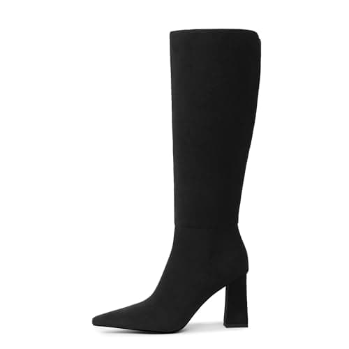 Meolee Knee High Boots for Women Chunky High Heel Long Boots Pointed Toe Leather Boots with Side Zipper - Image 1