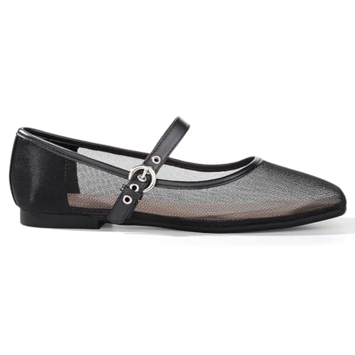 ATHMILE Women's Black Mesh Flats for Women Mary Janes Shoes Women Square Toe Ballet Flats with Adjustable Strap, Slip-On Comfortable Casual Dress Shoes for Office, Date Night and Daily Wear Size 6 - Image 1