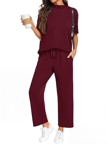 PrinStory Womens Lounge Set Summer 2 Piece Outfits Pullover Top and Wide Leg Pants Matching Sets 2026 Dark Red-XL - Image 1