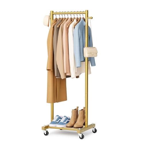 SLEEPING LAMB Small Clothes Racks for Hanging Clothes, Rolling Clothing Rack with Shelves, 60" Metal Garment Rack with Wheels Portable Wardrobe Rack for Small Space, Gold - Image 1