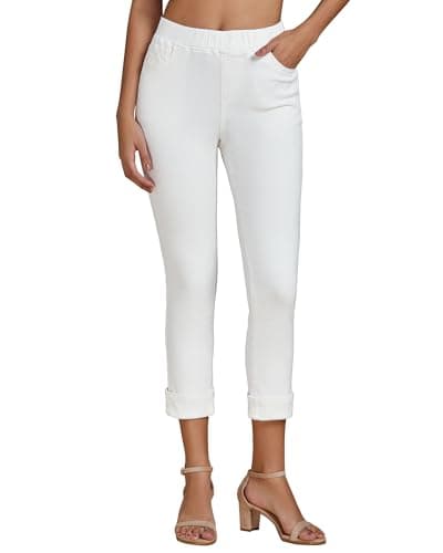 Vetinee Womens White Capri Pants with Pockets Plus Size Jeans Pull On Pants Cuffed Elastic Waist Jeans for Women Cream White Xx-Large Fits US Size 20 to 22 - Image 1